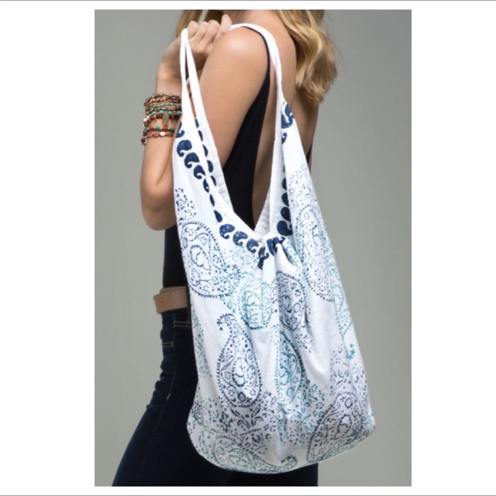 Ruggine white, teal, navy Paisley Print Bohemian Hobo Shoulder Bag. 100% cotton.